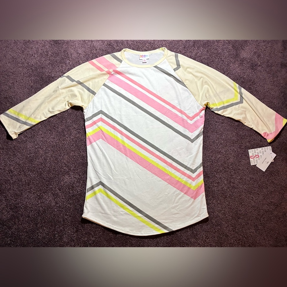 LuLaRoe Long Sleeve Tee with Pink, Gray, and Yellow Stripes